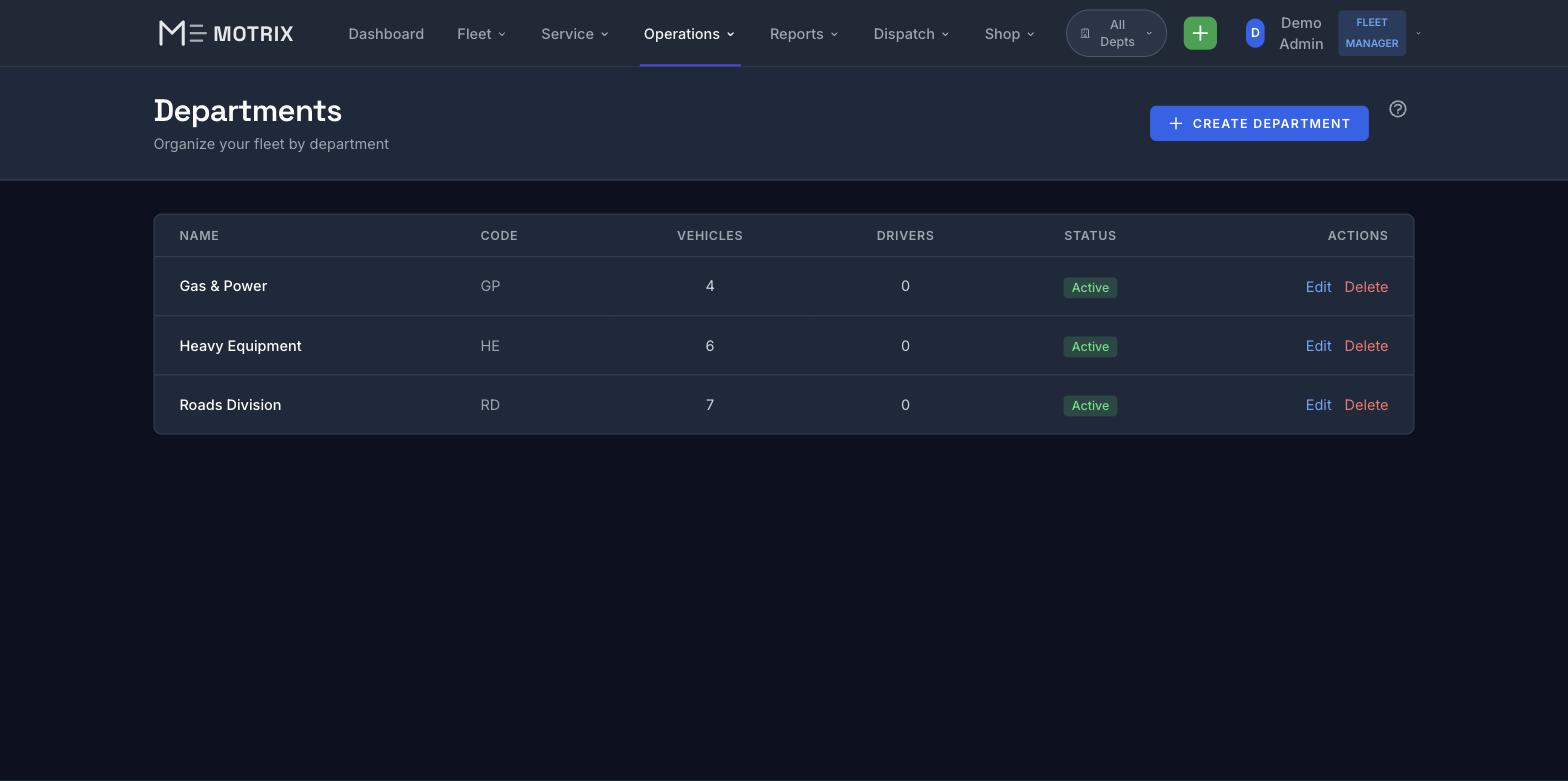 Motrix Departments - Department-based fleet structure and cost visibility