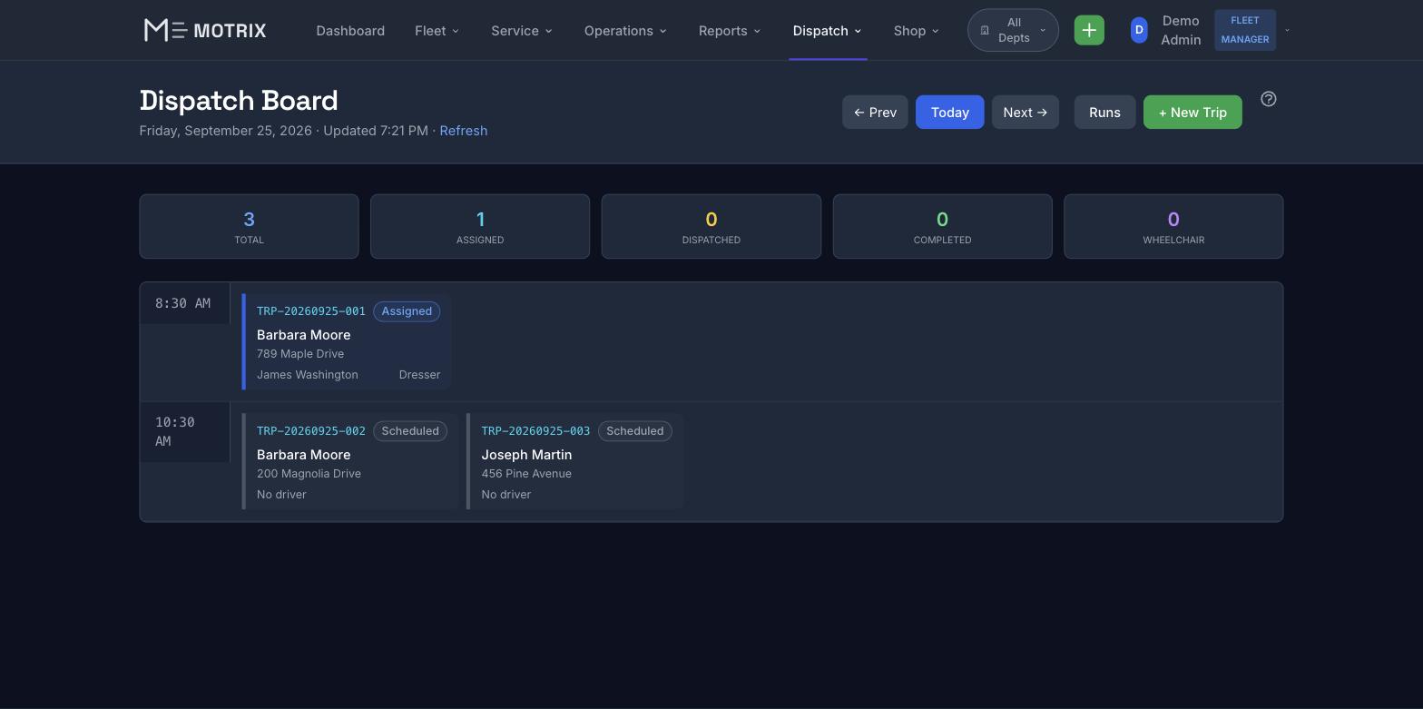 Motrix Dispatch Board - Paratransit trips by pickup time with assignment status