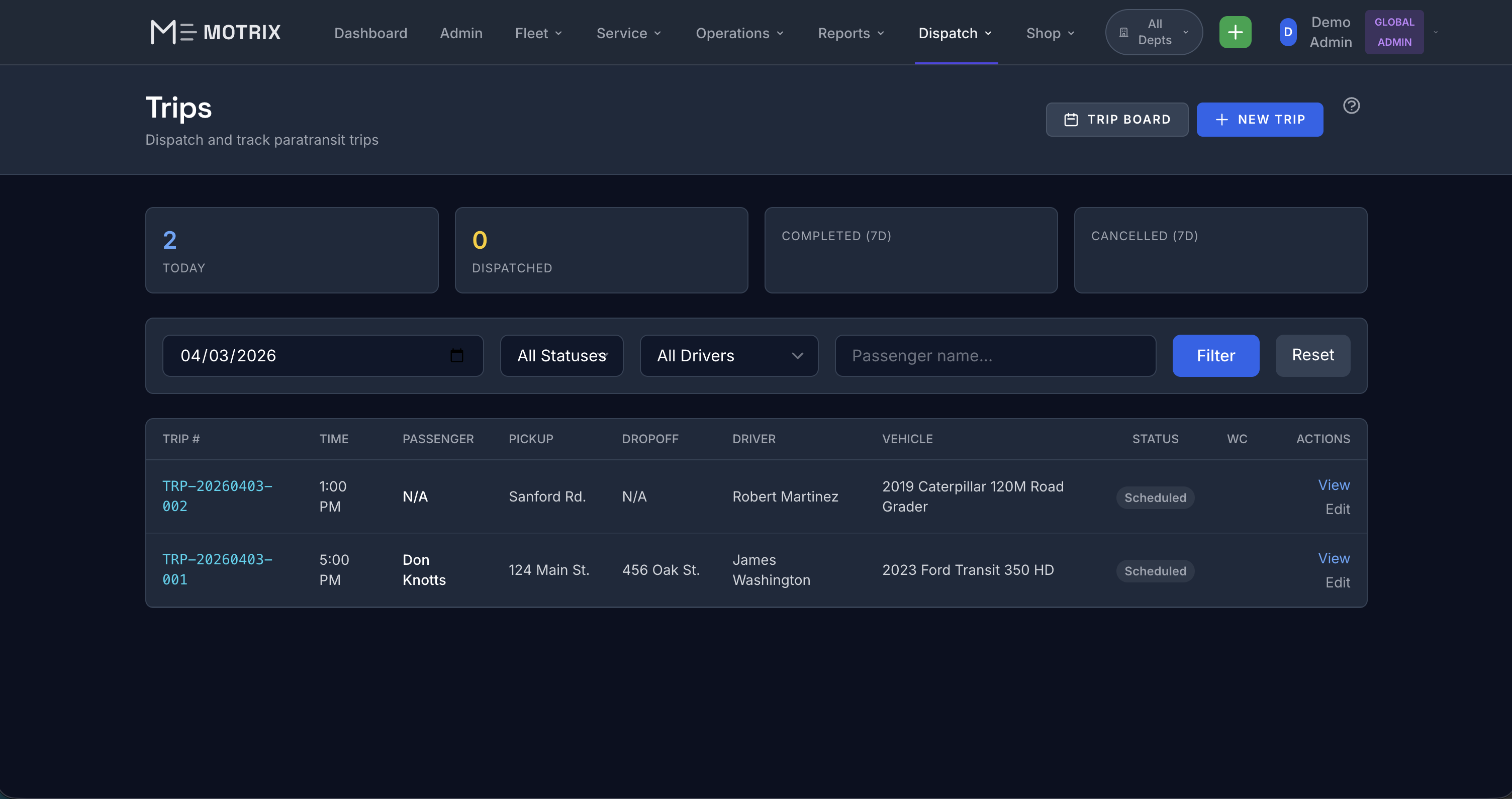 Motrix Dispatch - Paratransit trip scheduling and tracking with driver and vehicle assignment