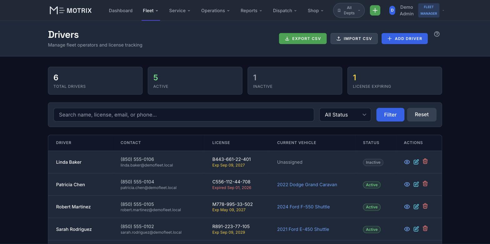 Motrix Driver Management - Driver roster with license tracking and vehicle assignments