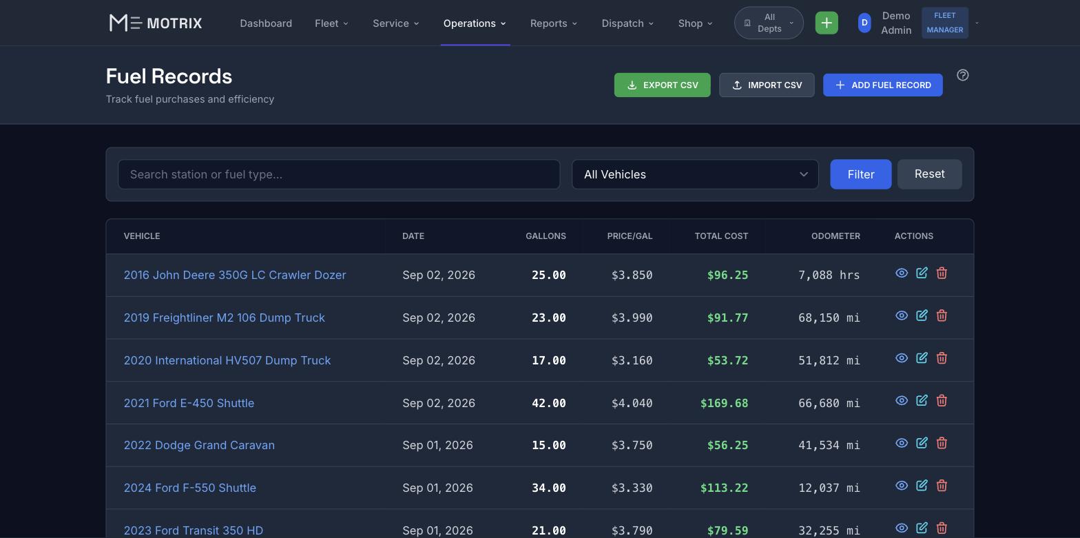 Motrix Fuel Records - Fuel purchase tracking with cost per gallon and odometer readings