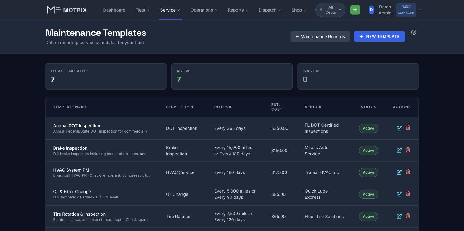 Motrix Maintenance Templates - Recurring service schedules with intervals and estimated costs