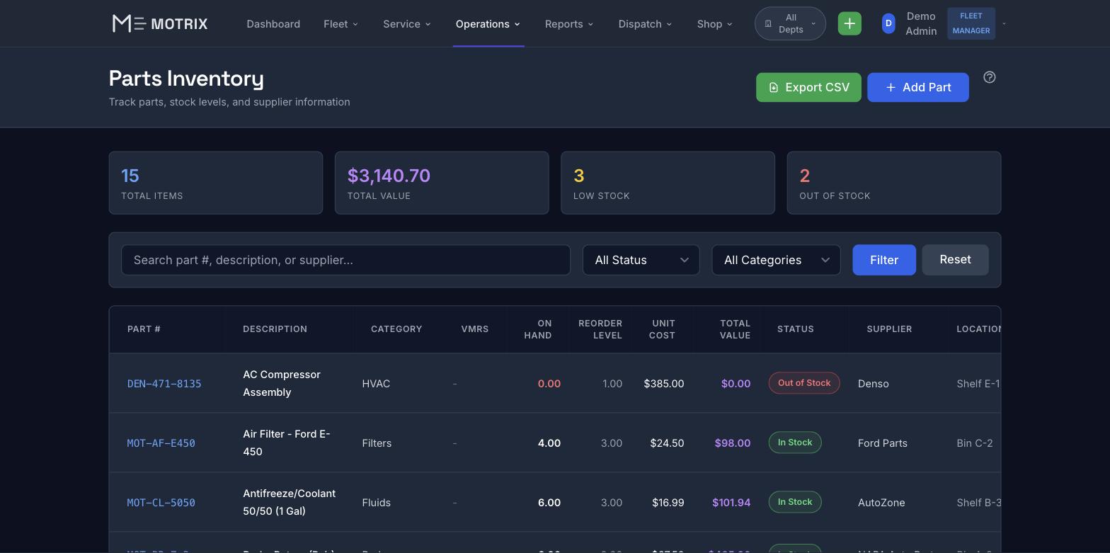 Motrix Parts Inventory - Stock tracking and component visibility