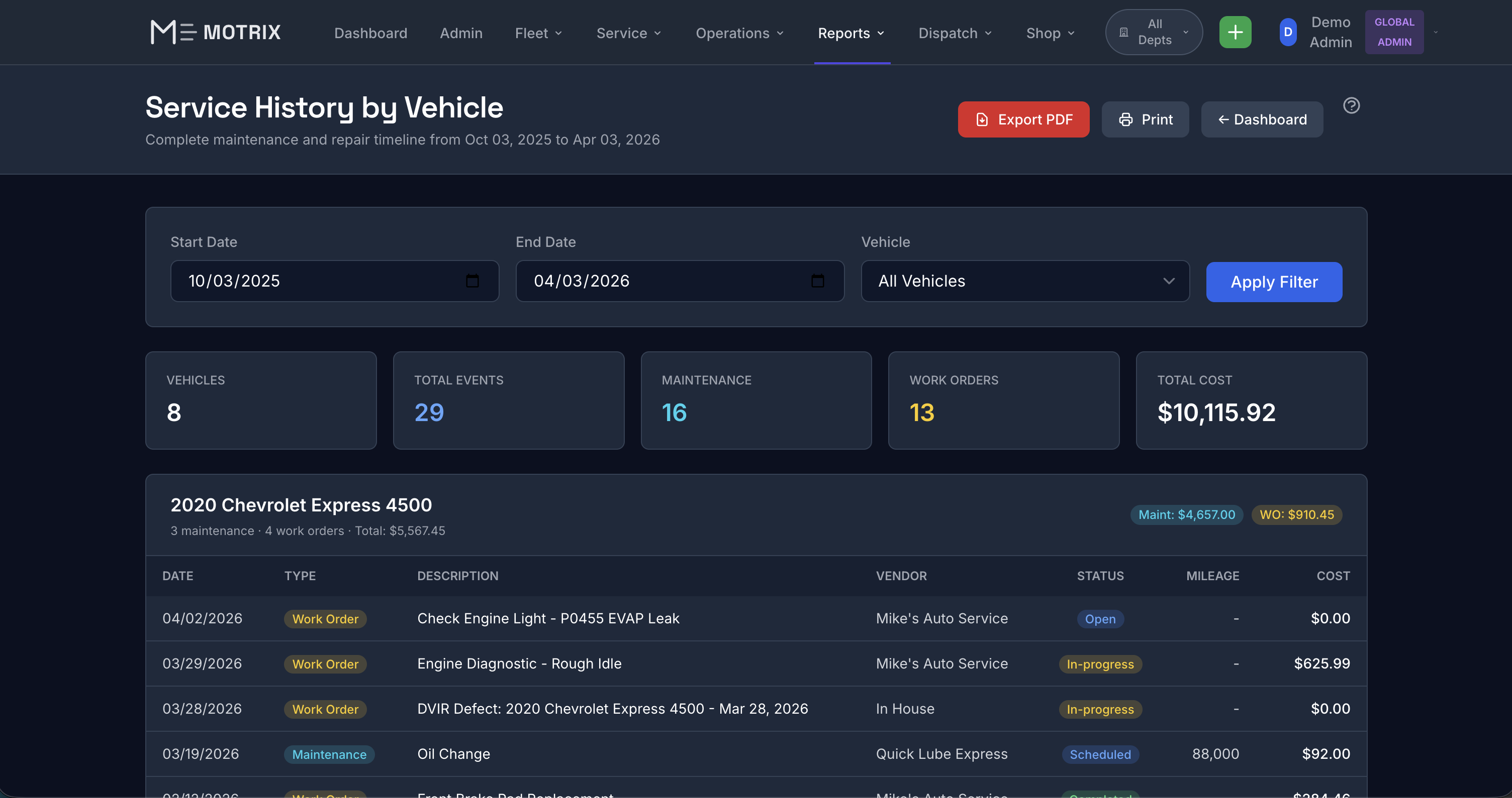 Motrix Service History Report - Complete maintenance and repair timeline by vehicle