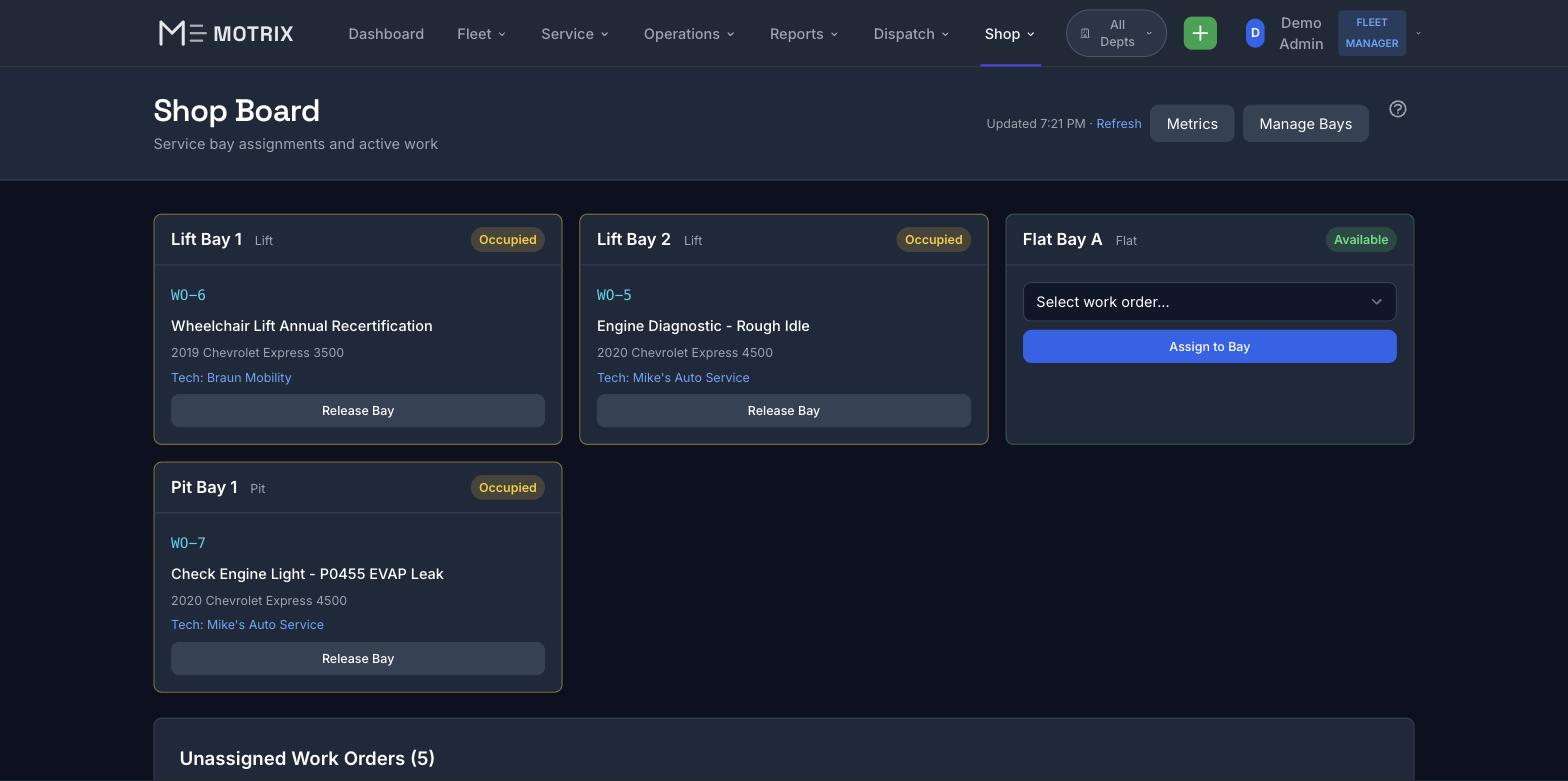 Motrix Shop Board - Service bay assignments and unassigned work order queue