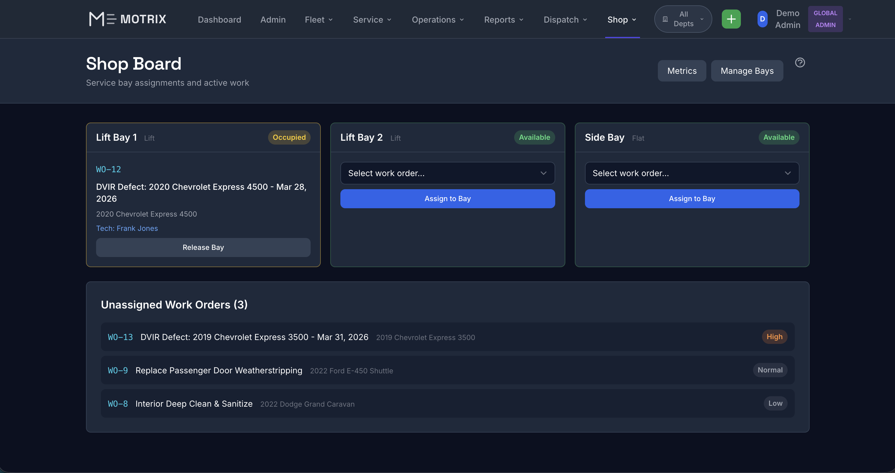 Motrix Shop Board - Service bay assignments and unassigned work order queue