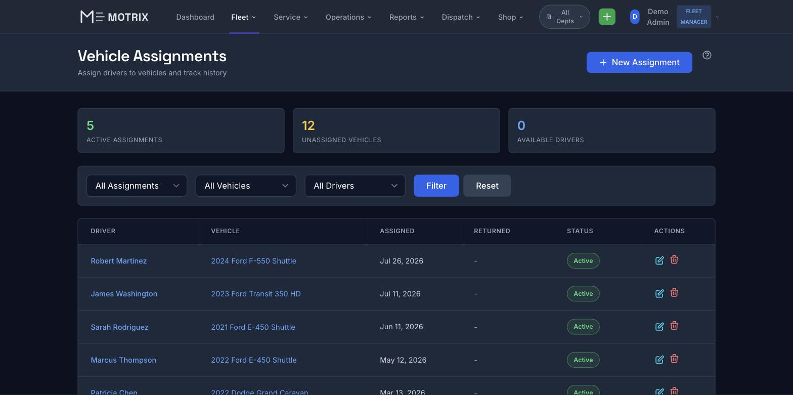 Motrix Vehicle Assignments - Driver to vehicle assignment tracking